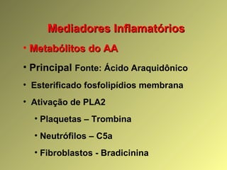 Mediadores InflamatóriosMediadores Inflamatórios
• Metabólitos do AAMetabólitos do AA
• Principal Fonte: Ácido Araquidônico
• Esterificado fosfolipídios membrana
• Ativação de PLA2
• Plaquetas – Trombina
• Neutrófilos – C5a
• Fibroblastos - Bradicinina
 
