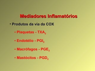 Mediadores InflamatóriosMediadores Inflamatórios
• Produtos da via da COXProdutos da via da COX
• Plaquetas - TXA2
• Endotélio - PGI2
• Macrófagos - PGE2
• Mastócitos - PGD2
 