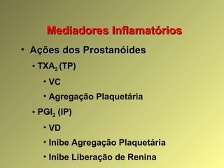 Mediadores InflamatóriosMediadores Inflamatórios
• Ações dos ProstanóidesAções dos Prostanóides
• TXA2 (TP)
• VC
• Agregação Plaquetária
• PGI2 (IP)
• VD
• Inibe Agregação Plaquetária
• Inibe Liberação de Renina
 