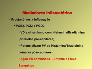 Mediadores InflamatóriosMediadores Inflamatórios
• Prostanóides x InflamaçãoProstanóides x Inflamação
• PGE2, PGI2 e PGD2PGE2, PGI2 e PGD2
• VD e sinergismo com Histamina/Bradicinina
(arteríolas pré-capilares)
• Potencializam PV da Histamina/Bradicinina
(vênulas pós-capilares)
• Ação VD combinada – Eritema e Fluxo
Sanguíneo
 