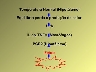 Temperatura Normal (Hipotálamo)
Equilíbrio perda x produção de calor
LPS
IL-1α/TNFα (Macrófagos)
PGE2 (Hipotálamo)
Febre
 