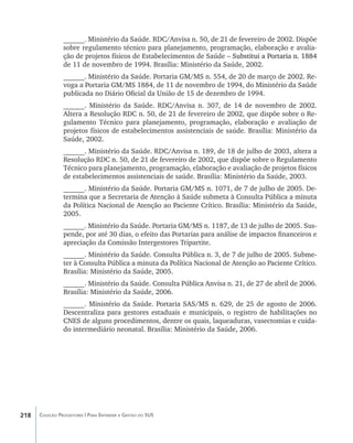 ______. Ministério da Saúde. RDC/Anvisa n. 50, de 21 de fevereiro de 2002. Dispõe
                sobre regulamento técnico para planejamento, programação, elaboração e avalia-
                ção de projetos físicos de Estabelecimentos de Saúde –������������������������������
                                                                     �������������������������������
                                                                       Substitui a Portaria n. 1884
                de 11 de novembro de 1994. Brasília: Ministério da Saúde, 2002.
                ______. Ministério da Saúde. Portaria GM/MS n. 554, de 20 de março de 2002. Re-
                voga a Portaria GM/MS 1884, de 11 de novembro de 1994, do Ministério da Saúde
                publicada no Diário Oficial da União de 15 de dezembro de 1994.
                ______. Ministério da Saúde. RDC/Anvisa n. 307, de 14 de novembro de 2002.
                Altera a Resolução RDC n. 50, de 21 de fevereiro de 2002, que dispõe sobre o Re-
                gulamento Técnico para planejamento, programação, elaboração e avaliação de
                projetos físicos de estabelecimentos assistenciais de saúde. Brasília: Ministério da
                Saúde, 2002.
                ______. Ministério da Saúde. RDC/Anvisa n. 189, de 18 de julho de 2003, altera a
                Resolução RDC n. 50, de 21 de fevereiro de 2002, que dispõe sobre o Regulamento
                Técnico para planejamento, programação, elaboração e avaliação de projetos físicos
                de estabelecimentos assistenciais de saúde. Brasília: Ministério da Saúde, 2003.
                ______. Ministério da Saúde. Portaria GM/MS n. 1071, de 7 de julho de 2005. De-
                termina que a Secretaria de Atenção à Saúde submeta à Consulta Pública a minuta
                da Política Nacional de Atenção ao Paciente Crítico. Brasília: Ministério da Saúde,
                2005.
                ______. Ministério da Saúde. Portaria GM/MS n. 1187, de 13 de julho de 2005. Sus-
                pende, por até 30 dias, o efeito das Portarias para análise de impactos financeiros e
                apreciação da Comissão Intergestores Tripartite.
                ______. Ministério da Saúde. Consulta Pública n. 3, de 7 de julho de 2005. Subme-
                ter à Consulta Pública a minuta da Política Nacional de Atenção ao Paciente Crítico.
                Brasília: Ministério da Saúde, 2005.
                ______. Ministério da Saúde. Consulta Pública Anvisa n. 21, de 27 de abril de 2006.
                Brasília: Ministério da Saúde, 2006.
                ______. Ministério da Saúde. Portaria SAS/MS n. 629, de 25 de agosto de 2006.
                Descentraliza para gestores estaduais e municipais, o registro de habilitações no
                CNES de alguns procedimentos, dentre os quais, laqueaduras, vasectomias e cuida-
                do intermediário neonatal. Brasília: Ministério da Saúde, 2006.




218   Coleção Progestores | Para Entender a Gestão do SUS
 