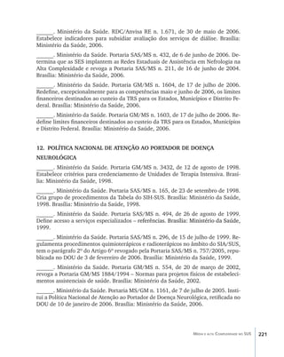 ______. Ministério da Saúde. RDC/Anvisa RE n. 1.671, de 30 de maio de 2006.
Estabelece indicadores para subsidiar avaliação dos serviços de diálise. Brasília:
Ministério da Saúde, 2006.
______. Ministério da Saúde. Portaria SAS/MS n. 432, de 6 de junho de 2006. De-
termina que as SES implantem as Redes Estaduais de Assistência em Nefrologia na
Alta Complexidade e revoga a Portaria SAS/MS n. 211, de 16 de junho de 2004.
Brasília: Ministério da Saúde, 2006.
______. Ministério da Saúde. Portaria GM/MS n. 1604, de 17 de julho de 2006.
Redefine, excepcionalmente para as competências maio e junho de 2006, os limites
financeiros destinados ao custeio da TRS para os Estados, Municípios e Distrito Fe-
deral. Brasília: Ministério da Saúde, 2006.
______. Ministério da Saúde. Portaria GM/MS n. 1603, de 17 de julho de 2006. Re-
define limites financeiros destinados ao custeio da TRS para os Estados, Municípios
e Distrito Federal. Brasília: Ministério da Saúde, 2006.


12.	 POLÍTICA NACIONAL DE ATENÇÃO AO PORTADOR DE DOENÇA
NEUROLÓGICA
______. Ministério da Saúde. Portaria GM/MS n. 3432, de 12 de agosto de 1998.
Estabelece critérios para credenciamento de Unidades de Terapia Intensiva. Brasí-
lia: Ministério da Saúde, 1998.
______. Ministério da Saúde. Portaria SAS/MS n. 165, de 23 de setembro de 1998.
Cria grupo de procedimentos da Tabela do SIH-SUS. Brasília: Ministério da Saúde,
1998. Brasília: Ministério da Saúde, 1998.
______. Ministério da Saúde. Portaria SAS/MS n. 494, de 26 de agosto de 1999.
Define acesso a serviços especializados ����������������������������������������������
                                        –���������������������������������������������
                                          referências. Brasília: Ministério da Saúde,
1999.
______. Ministério da Saúde. Portaria SAS/MS n. 296, de 15 de julho de 1999. Re-
gulamenta procedimentos quimioterápicos e radioterápicos no âmbito do SIA/SUS,
tem o parágrafo 2º do Artigo 6º revogado pela Portaria SAS/MS n. 757/2005, repu-
blicada no DOU de 3 de fevereiro de 2006. Brasília: Ministério da Saúde, 1999.
______. Ministério da Saúde. Portaria GM/MS n. 554, de 20 de março de 2002,
revoga a Portaria GM/MS 1884/1994 – Normas para projetos físicos de estabeleci-
mentos assistenciais de saúde. Brasília: Ministério da Saúde, 2002.
______. Ministério da Saúde. Portaria MS/GM n. 1161, de 7 de julho de 2005. Insti-
tui a Política Nacional de Atenção ao Portador de Doença Neurológica, retificada no
DOU de 10 de janeiro de 2006. Brasília: Ministério da Saúde, 2006.




                                                                  Média e alta Complexidade no SUS   221
 