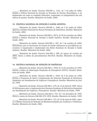 ______. Ministério da Saúde. Portaria GM/MS n. 1161, de 7 de julho de 2005.
Institui a Política Nacional de Atenção ao Portador de Doença Neurológica, a ser
implantada em todas as unidades federadas, respeitadas as competências das três
esferas de gestão. Brasília: Ministério da Saúde, 2005.


13.	 POLÍTICA NACIONAL DE ATENÇÃO À SAÚDE AUDITIVA
______. Ministério da Saúde. Portaria GM/MS n. 1060, de 5 de junho de 2002.
Aprovou a Política Nacional da Pessoa Portadora de Deficiência. Brasília: Ministério
da Saúde, 2002.
______. Ministério da Saúde. Portaria GM/MS n. 2073, de 28 de setembro de 2004.
Institui a Política Nacional de Atenção à Saúde Auditiva. Brasília: Ministério da
Saúde, 2004.
______. Ministério da Saúde. Portaria SAS/MS n. 587, de 7 de outubro de 2004.
Determinou que as Secretarias de Estado da Saúde adotassem as providências ne-
cessárias à organização e implantação das Redes Estaduais de Atenção à Saúde
Auditiva. Brasília: Ministério da Saúde, 2004.
______. Ministério da Saúde. Portaria SAS/MS n. 589, de agosto de outubro de
2004. Altera a tabela de procedimentos SIA/SUS. Brasília: Ministério da Saúde,
1995.


14.	 POLÍTICA NACIONAL DE ATENÇÃO ÀS URGÊNCIAS
______. Ministério da Saúde. Portaria GM/MS n. 1692, de 14 de setembro de 1995.
Institui o Índice de Valorização Hospitalar de Emergência (IVH-E). Brasília: Minis-
tério da Saúde, 2004.
______. Ministério da Saúde. Portaria GM/MS n. 2923, de 9 de junho de 1998.
Institui o Programa de Apoio à Implantação dos Sistemas Estaduais de Referência
Hospitalar em Atendimento de Urgência e Emergência. Brasília: Ministério da Saú-
de, 1998.
______. Ministério da Saúde. Portaria GM/MS n. 479, de 14 de abril de 1999. Altera
os mecanismos para a implantação dos Sistemas Estaduais de Referência Hospitalar
em Atendimento de Urgência e Emergência. Brasília: Ministério da Saúde, 1999.
______. Ministério da Saúde. Portaria SAS/MS n. 727, de 7 de dezembro de 1999.
Altera o Anexo da Portaria GM/MS 479/1999. Brasília: Ministério da Saúde, 1999.
______. Ministério da Saúde. Portaria GM/MS n. 737, de 16 de maio de 2001. Apro-
va a Política Nacional de Redução da Morbimortalidade por Acidentes e Violências.
Brasília: Ministério da Saúde, 2001.



                                                                Média e alta Complexidade no SUS   223
 