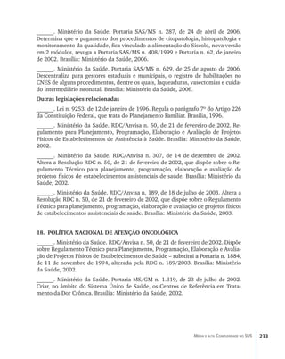 ______. Ministério da Saúde. Portaria SAS/MS n. 287, de 24 de abril de 2006.
Determina que o pagamento dos procedimentos de citopatologia, histopatologia e
monitoramento da qualidade, fica vinculado a alimentação do Siscolo, nova versão
em 2 módulos, revoga a Portaria SAS/MS n. 408/1999 e Portaria n. 62, de janeiro
de 2002. Brasília: Ministério da Saúde, 2006.
______. Ministério da Saúde. Portaria SAS/MS n. 629, de 25 de agosto de 2006.
Descentraliza para gestores estaduais e municipais, o registro de habilitações no
CNES de alguns procedimentos, dentre os quais, laqueaduras, vasectomias e cuida-
do intermediário neonatal. Brasília: Ministério da Saúde, 2006.
Outras legislações relacionadas
______. Lei n. 9253, de 12 de janeiro de 1996. Regula o parágrafo 7º do Artigo 226
da Constituição Federal, que trata do Planejamento Familiar. Brasília, 1996.
______. Ministério da Saúde. RDC/Anvisa n. 50, de 21 de fevereiro de 2002. Re-
gulamento para Planejamento, Programação, Elaboração e Avaliação de Projetos
Físicos de Estabelecimentos de Assistência à Saúde. Brasília: Ministério da Saúde,
2002.
______. Ministério da Saúde. RDC/Anvisa n. 307, de 14 de dezembro de 2002.
Altera a Resolução RDC n. 50, de 21 de fevereiro de 2002, que dispõe sobre o Re-
gulamento Técnico para planejamento, programação, elaboração e avaliação de
projetos físicos de estabelecimentos assistenciais de saúde. Brasília: Ministério da
Saúde, 2002.
______. Ministério da Saúde. RDC/Anvisa n. 189, de 18 de julho de 2003. Altera a
Resolução RDC n. 50, de 21 de fevereiro de 2002, que dispõe sobre o Regulamento
Técnico para planejamento, programação, elaboração e avaliação de projetos físicos
de estabelecimentos assistenciais de saúde. Brasília: Ministério da Saúde, 2003.


18.	 POLÍTICA NACIONAL DE ATENÇÃO ONCOLÓGICA
______. Ministério da Saúde. RDC/Anvisa n. 50, de 21 de fevereiro de 2002. Dispõe
sobre Regulamento Técnico para Planejamento, Programação, Elaboração e Avalia-
ção de Projetos Físicos de Estabelecimentos de Saúde –��������������������������������
                                                     ���������������������������������
                                                       substitui a Portaria n. 1884,
de 11 de novembro de 1994, alterada pela RDC n. 189/2003. Brasília: Ministério
da Saúde, 2002.
______. Ministério da Saúde. Portaria MS/GM n. 1.319, de 23 de julho de 2002.
Criar, no âmbito do Sistema Único de Saúde, os Centros de Referência em Trata-
mento da Dor Crônica. Brasília: Ministério da Saúde, 2002.




                                                                  Média e alta Complexidade no SUS   233
 