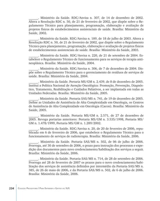 ______. Ministério da Saúde. RDC/Anvisa n. 307, de 14 de dezembro de 2002.
                Altera a Resolução RDC n. 50, de 21 de fevereiro de 2002, que dispõe sobre o Re-
                gulamento Técnico para planejamento, programação, elaboração e avaliação de
                projetos físicos de estabelecimentos assistenciais de saúde. Brasília: Ministério da
                Saúde, 2002.
                ______. Ministério da Saúde. RDC/Anvisa n. 189, de 18 de julho de 2003. Altera a
                Resolução RDC n. 50, de 21 de fevereiro de 2002, que dispõe sobre o Regulamento
                Técnico para planejamento, programação, elaboração e avaliação de projetos físicos
                de estabelecimentos assistenciais de saúde. Brasília: Ministério da Saúde, 2003.
                ______. Ministério da Saúde. RDC/Anvisa n. 220, de 21 de setembro de 2004. Es-
                tabelece o Regulamento Técnico de funcionamento para os serviços de terapia anti-
                neoplásica. Brasília: Ministério da Saúde, 2004.
                ______. Ministério da Saúde. RDC/Anvisa n. 306, de 7 de dezembro de 2004. Dis-
                põe sobre o Regulamento Técnico para o gerenciamento de resíduos de serviços de
                saúde. Brasília: Ministério da Saúde, 2004.
                ______. Ministério da Saúde. Portaria MS/GM n. 2.439, de 8 de dezembro de 2005.
                Institui a Política Nacional de Atenção Oncológica: Promoção, Prevenção, Diagnós-
                tico, Tratamento, Reabilitação e Cuidados Paliativos, a ser implantada em todas as
                Unidades Federadas. Brasília: Ministério da Saúde, 2005.
                ______. Ministério da Saúde. Portaria SAS/MS n. 741, de 19 de dezembro de 2005.
                Define as Unidades de Assistência de Alta Complexidade em Oncologia, os Centros
                de Assistência de Alta Complexidade em Oncologia (Cacon). Brasília: Ministério da
                Saúde, 2005.
                ______. Ministério da Saúde. Portaria MS/GM n. 2.571, de 27 de dezembro de
                2005. Revoga portarias anteriores: Portaria MS/GM n. 3.535/1998, Portaria MS/
                GM n. 1.478/1999, Portaria MS/GM n. 1.289/2002.
                ______. Ministério da Saúde. RDC/Anvisa n. 20, de 20 de fevereiro de 2006, repu-
                blicada em 6 de fevereiro de 2006, que estabelece o Regulamento Técnico para o
                funcionamento de serviços de radioterapia. Brasília: Ministério da Saúde, 2006.
                ______. Ministério da Saúde. Portaria SAS/MS n. 502, de 06 de julho de 2006.
                Prorroga, até 30 de setembro de 2006, o prazo para instrução dos processos e expe-
                dição dos documentos para novo credenciamento/habilitação dos serviços a seguir.
                Brasília: Ministério da Saúde, 2006.
                ______. Ministério da Saúde. Portaria SAS/MS n. 714, de 28 de setembro de 2006.
                Prorroga até 28 de fevereiro de 2007 os prazos para o novo credenciamento/habi-
                litação dos serviços de assistência definidos por intermédio da Portaria SAS/MS n.
                385, de 26 de maio de 2006, e da Portaria SAS/MS n. 502, de 6 de julho de 2006.
                Brasília: Ministério da Saúde, 2006.



234   Coleção Progestores | Para Entender a Gestão do SUS
 