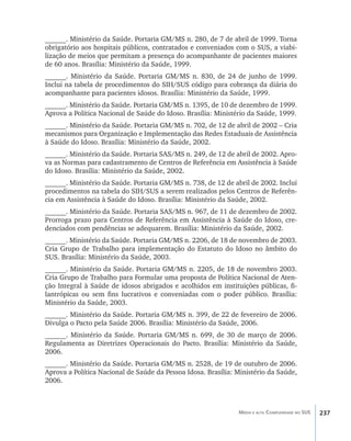 ______. Ministério da Saúde. Portaria GM/MS n. 280, de 7 de abril de 1999. Torna
obrigatório aos hospitais públicos, contratados e conveniados com o SUS, a viabi-
lização de meios que permitam a presença do acompanhante de pacientes maiores
de 60 anos. Brasília: Ministério da Saúde, 1999.
______. Ministério da Saúde. Portaria GM/MS n. 830, de 24 de junho de 1999.
Inclui na tabela de procedimentos do SIH/SUS código para cobrança da diária do
acompanhante para pacientes idosos. Brasília: Ministério da Saúde, 1999.
______. Ministério da Saúde. Portaria GM/MS n. 1395, de 10 de dezembro de 1999.
Aprova a Política Nacional de Saúde do Idoso. Brasília: Ministério da Saúde, 1999.
______. Ministério da Saúde. Portaria GM/MS n. 702, de 12 de abril de 2002 – Cria
mecanismos para Organização e Implementação das Redes Estaduais de Assistência
à Saúde do Idoso. Brasília: Ministério da Saúde, 2002.
______. Ministério da Saúde. Portaria SAS/MS n. 249, de 12 de abril de 2002. Apro-
va as Normas para cadastramento de Centros de Referência em Assistência à Saúde
do Idoso. Brasília: Ministério da Saúde, 2002.
______. Ministério da Saúde. Portaria GM/MS n. 738, de 12 de abril de 2002. Inclui
procedimentos na tabela do SIH/SUS a serem realizados pelos Centros de Referên-
cia em Assistência à Saúde do Idoso. Brasília: Ministério da Saúde, 2002.
______. Ministério da Saúde. Portaria SAS/MS n. 967, de 11 de dezembro de 2002.
Prorroga prazo para Centros de Referência em Assistência à Saúde do Idoso, cre-
denciados com pendências se adequarem. Brasília: Ministério da Saúde, 2002.
______. Ministério da Saúde. Portaria GM/MS n. 2206, de 18 de novembro de 2003.
Cria Grupo de Trabalho para implementação do Estatuto do Idoso no âmbito do
SUS. Brasília: Ministério da Saúde, 2003.
______. Ministério da Saúde. Portaria GM/MS n. 2205, de 18 de novembro 2003.
Cria Grupo de Trabalho para Formular uma proposta de Política Nacional de Aten-
ção Integral à Saúde de idosos abrigados e acolhidos em instituições públicas, fi-
lantrópicas ou sem fins lucrativos e conveniadas com o poder público. Brasília:
Ministério da Saúde, 2003.
______. Ministério da Saúde. Portaria GM/MS n. 399, de 22 de fevereiro de 2006.
Divulga o Pacto pela Saúde 2006. Brasília: Ministério da Saúde, 2006.
______. Ministério da Saúde. Portaria GM/MS n. 699, de 30 de março de 2006.
Regulamenta as Diretrizes Operacionais do Pacto. Brasília: Ministério da Saúde,
2006.
______. Ministério da Saúde. Portaria GM/MS n. 2528, de 19 de outubro de 2006.
Aprova a Política Nacional de Saúde da Pessoa Idosa. Brasília: Ministério da Saúde,
2006.



                                                               Média e alta Complexidade no SUS   237
 