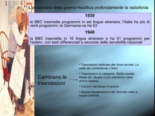 1939 la BBC trasmette programmi in sei lingue straniere, l’Italia ha più di venti programmi, la Germania ne ha 53 1940 la BBC trasmette in 16 lingue straniere e ha 51 programmi per l’estero, con testi differenziati a seconda delle sensibilità nazionali L’avvicinarsi della guerra modifica profondamente la radiofonia  Cambiano le trasmissioni Trasmissioni dedicate alle forze armate:  La radio del combattente  (1942) Trasmissioni di categoria:  Radio sociale ,  Radio Gil ,  Quarto d’ora radiofonico della donna italiana … Canzoni del tempo di guerra Nuova impaginazione del  Giornale radio  e nuove rubriche 
