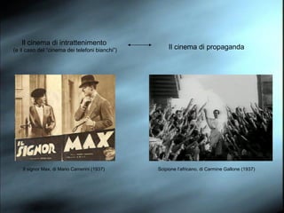 Il cinema di intrattenimento  (e il caso del “cinema dei telefoni bianchi”) Il cinema di propaganda Il signor Max, di Mario Camerini (1937) Scipione l’africano, di Carmine Gallone (1937) 