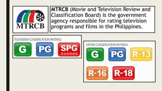 MTRCB (Movie and Television Review and
Classification Board) is the government
agency responsible for rating television
programs and films in the Philippines.
 