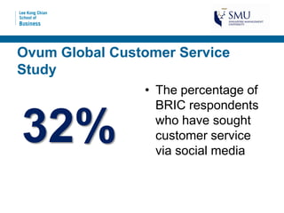 Ovum Global Customer Service
Study
                • The percentage of
                  BRIC respondents

32%               who have sought
                  customer service
                  via social media
 