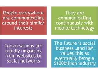 People everywhere          They are
are communicating       communicating
around their similar   continuously with
     interests         mobile technology


                       The future is social
 Conversations are
                        business…and IBM
 rapidly migrating
                          values this as
 from websites to
                        eventually being a
  social networks
                       $100billion industry
 