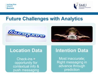Future Challenges with Analytics




 Location Data        Intention Data
    Check-ins =        Most inaccurate;
   opportunity for    Right messaging in
  contextual info &    advance through
  push messaging          prediction
 
