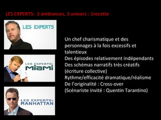 LES EXPERTS:  3 ambiances, 3 univers : 1recette Un chef charismatique et des personnages à la fois excessifs et talentieux Des épisodes relativement indépendants Des schémas narratifs très créatifs (écriture collective) Rythme/efficacité dramatique/réalisme De l’originalité : Cross-over (Scénariste invité : Quentin Tarantino) 