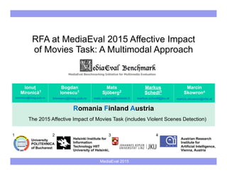 MediaEval 2015
RFA at MediaEval 2015 Affective Impact
of Movies Task: A Multimodal Approach
Ionuț
Mironică1
imironica@imag.pub.ro
Bogdan
Ionescu1
bionescu@imag.pub.ro
Mats
Sjöberg2
mats.sjoberg@helsinki.fi
Markus
Schedl3
markus.schedl@jku.at
Marcin
Skowron4
marcin.skowron@ofai.at
Romania Finland Austria
The 2015 Affective Impact of Movies Task (includes Violent Scenes Detection)
2
Helsinki Institute for
Information
Technology HIIT
University of Helsinki,
University
POLITEHNICA
of Bucharest
1 3
Austrian Research
Institute for
Artificial Intelligence,
Vienna, Austria
4
 