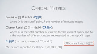 OFFICIAL METRICS
Precision @ X = R/X (P@X)
where X is the cutoff point, R the number of relevant images
Cluster Recall @ X = Nc/N (CR@X)
where N is the total number of clusters for the current query and Nc
is the number of different clusters represented in the top X images
F1@X (harmonic meant of CR and P)
Metrics are reported for X={5,10,20,30,40,50}
Ofﬁcial ranking: F1@20
 