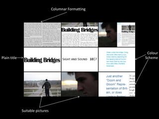 Columnar FormattingColour SchemePlain titleSuitable pictures