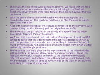 The results that I received were generally positive.  We found that we had a great number of both males and females participating in the feedback questions, however there were more females than males, however this was not by much.With the genre of music I found that R&B was the most popular, by a considerable amount. This was beneficial to us, as Plan B’s music is mainly associated with R&B.A lot of the positive feedback we received commented on the narrative, with many pointing out that they enjoyed the original concept of it.The majority of the participants in the survey also agreed that the video successfully targeted it’s target audience.We found that those had circled that their preferred genre of music as R&B tended to agree that the video reflected the genre associated with Plan B, which emphasises that those who were more likely to listen to this kind of music anyway already had a basic idea of what to expect from a Plan B video, and luckily they thought positively.The responses that were given on the improvements to the video included setting, lighting, lip syncing, clearer camera and more angles. I found this feedback very useful as it gave an insight to the video from completely different viewpoints and although these things that were pointed out could not be changed, it was still good to have an idea of the types of criticism we were likely to recieve at a later date.