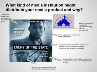 What kind of media institution might
distribute your media product and why?
Man is bigger than the other man-
inferred protagonist
Writing on the front, gives the audience an
idea of what it's about and makes them want
to watch
Only two men on screen- Males more
dominant, stereotpical representation
Men positioned top and bottom and looks as if
they are looking at eachother- Implied
protagonist and antagonist introduced.
Limited colour
screen. Dark
and dreary and
sets an ominous
mood.
Miise-En-Scene- Both
men's facial
expressions looking
stern and
angry/worried
 