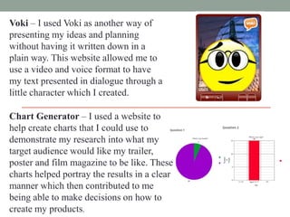 Voki – I used Voki as another way of
presenting my ideas and planning
without having it written down in a
plain way. This website allowed me to
use a video and voice format to have
my text presented in dialogue through a
little character which I created.
Chart Generator – I used a website to
help create charts that I could use to
demonstrate my research into what my
target audience would like my trailer,
poster and film magazine to be like. These
charts helped portray the results in a clear
manner which then contributed to me
being able to make decisions on how to
create my products.

 