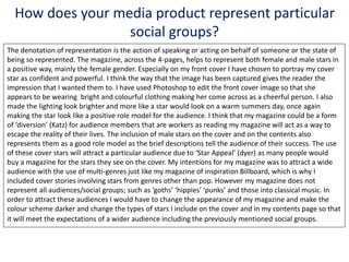 How does your media product represent particular
social groups?
The denotation of representation is the action of speaking or acting on behalf of someone or the state of
being so represented. The magazine, across the 4-pages, helps to represent both female and male stars in
a positive way, mainly the female gender. Especially on my front cover I have chosen to portray my cover
star as confident and powerful. I think the way that the image has been captured gives the reader the
impression that I wanted them to. I have used Photoshop to edit the front cover image so that she
appears to be wearing bright and colourful clothing making her come across as a cheerful person. I also
made the lighting look brighter and more like a star would look on a warm summers day, once again
making the star look like a positive role model for the audience. I think that my magazine could be a form
of ‘diversion’ (Katz) for audience members that are workers as reading my magazine will act as a way to
escape the reality of their lives. The inclusion of male stars on the cover and on the contents also
represents them as a good role model as the brief descriptions tell the audience of their success. The use
of these cover stars will attract a particular audience due to ‘Star Appeal’ (dyer) as many people would
buy a magazine for the stars they see on the cover. My intentions for my magazine was to attract a wide
audience with the use of multi-genres just like my magazine of inspiration Billboard, which is why I
included cover stories involving stars from genres other than pop. However my magazine does not
represent all audiences/social groups; such as ‘goths’ ‘hippies’ ‘punks’ and those into classical music. In
order to attract these audiences I would have to change the appearance of my magazine and make the
colour scheme darker and change the types of stars I include on the cover and in my contents page so that
it will meet the expectations of a wider audience including the previously mentioned social groups.
 