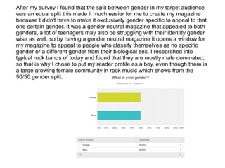 After my survey I found that the split between gender in my target audience
was an equal split this made it much easier for me to create my magazine
because I didn't have to make it exclusively gender specific to appeal to that
one certain gender. It was a gender neutral magazine that appealed to both
genders, a lot of teenagers may also be struggling with their identity gender
wise as well, so by having a gender neutral magazine it opens a window for
my magazine to appeal to people who classify themselves as no specific
gender or a different gender from their biological sex. I researched into
typical rock bands of today and found that they are mostly male dominated,
so that is why I chose to put my reader profile as a boy, even though there is
a large growing female community in rock music which shows from the
50/50 gender split.
 
