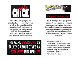 The “WILD” highlights the
middle class people who would
speak in the casual tone this
magazine has. It connotes that
the feature girl has a typical
rock life that people only
dream of, therefore making
them want to continue reading

Use of colloquial language and
exclamations represent someone
young and humorous, the article
being about someone so outgoing
means the language has to match
therefore representing the fun
loving people that would buy the
magazine
The assumption of
“everyone” talking about this
artist creates a confident vibe
that represents every gender
and that they need to read
this article because
“everyone” else is

 