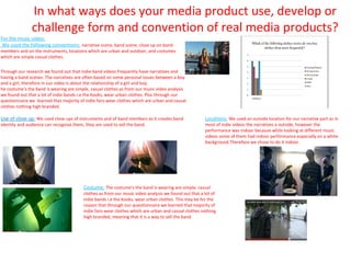 In what ways does your media product use, develop or
               challenge form and convention of real media products?
For the music video:
 We used the following conventions: narrative scene, band scene, close up on band
members and on the instruments, locations which are urban and outdoor, and costumes
which are simple casual clothes.


Through our research we found out that indie band videos frequently have narratives and
having a band scenes. The narratives are often based on some personal issues between a boy
and a girl, therefore in our video is about the relationship of a girl and boy.
he costume’s the band is wearing are simple, casual clothes as from our music video analysis
we found out that a lot of indie bands i.e the Kooks, wear urban clothes. Plus through our
questionnaire we learned that majority of indie fans wear clothes which are urban and casual
clothes nothing high branded.

Use of close up: We used close ups of instruments and of band members as it creates band              Locations: We used an outside location for our narrative part as in
identity and audience can recognise them, they are used to sell the band.                             most of indie videos the narratives a outside, however the
                                                                                                      performance was indoor because while looking at different music
                                                                                                      videos some of them had indoor performance especially on a white
                                                                                                      background.Therefore we chose to do it indoor.




                                         Costume: The costume’s the band is wearing are simple, casual
                                         clothes as from our music video analysis we found out that a lot of
                                         indie bands i.e the Kooks, wear urban clothes. This may be for the
                                         reason that through our questionnaire we learned that majority of
                                         indie fans wear clothes which are urban and casual clothes nothing
                                         high branded, meaning that it is a way to sell the band.
 