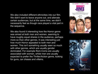 We also included different ethnicities into our film.
We didn't want to leave anyone out, and alienate
certain audiences, but at the same time, we didn't
necessarily feel as though race played a vital part in
the sequence.
We also found it interesting how the Horror genre
was aimed at both men and women, seeming to
have roughly equal shares in the audience, perhaps
more so than other genres. It was interesting just
how much Horror appealed to both men and
women. This isn't something usually seen so much
with other genres, which are usually gender
dominated. For example Rom-Coms are usually
associated with women, whilst men are usually
expected to prefer the Thriller/Action genre, looking
for guns, car chases and villains.
 