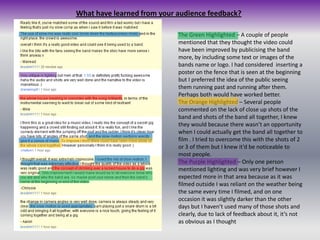 What have learned from your audience feedback?The Green Highlighted – A couple of people mentioned that they thought the video could have been improved by publicising the band more, by including some text or images of the bands name or logo. I had considered  inserting a poster on the fence that is seen at the beginning but I preferred the idea of the public seeing them running past and running after them. Perhaps both would have worked better.The Orange Highlighted – Several people commented on the lack of close up shots of the band and shots of the band all together, I knew they would because there wasn’t an opportunity when I could actually get the band all together to film . I tried to overcome this with the shots of 2 or 3 of them but I knew it’d be noticeable to most people.The Purple Highlighted – Only one person mentioned lighting and was very brief however I expected more in that area because as it was filmed outside I was reliant on the weather being the same every time I filmed, and on one occasion it was slightly darker than the other days but I haven’t used many of those shots and clearly, due to lack of feedback about it, it’s not as obvious as I thought