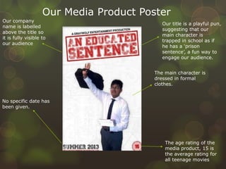 Our Media Product Poster
Our company
name is labelled
above the title so
it is fully visible to
our audience
Our title is a playful pun,
suggesting that our
main character is
trapped in school as if
he has a ‘prison
sentence’, a fun way to
engage our audience.
No specific date has
been given.
The age rating of the
media product, 15 is
the average rating for
all teenage movies
The main character is
dressed in formal
clothes.
 