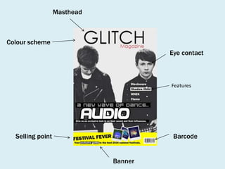 Masthead

Colour scheme
Eye contact

Features

Selling point

Barcode

Banner

 