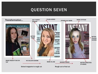 QUESTION SEVEN
School magazine to rough cut Rough cut to final cut
Transformation… PLUGS ADDED MORE ATTITUDE
MORE IN LINE
BETTER DIRECTION
OF MODEL
BETTER
COLOUR
SCHEME
NOT “POPPY”
ENOUGH
STANDS OUT MORE
IMAGE NEEDS TO BE ON
TOP
NO COLOUR SCHEME
BETTER
FONTS
BANNER ADDED
 