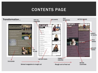 CONTENTS PAGE
Transformation…
School magazine to rough cut Rough cut to final cut
TOO WHITETEXT ALL
TOGETHER
BETTER
LOCATIONS
BETTER IMAGES
TEXT
SEPERATED
VARIETY
OF SHOTS
COLOUR
ADDEDNOT
IN LINE
TOO BLAND
THEME
CREATED
BETTER FONTS
TITLE
ADDED
 