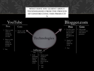 WHAT HAVE YOU LEARNT ABOUT
TECHNOLOGIES FROM THE PROCESS
OF CONSTRUCTING THIS PRODUCT?
N
Technologies
Blogger.com
Pros Cons
• You have access
to your work so
that you could
improve it
throughout the
year
• Simple as it
does not
require any
set up.
• Free
• Other people
could access your
work without
permission
YouTube
Pros Cons
• There is a wide
variety of
versions of
tutorials that
you want
• There is a wide
variety of
versions of
tutorials that
you want
• Free
• Adverts- could
waste your time
InDesign
Pros Cons
• Tools
specifically
made for
making
magazine
covers
• Need to watch
tutorials in
order to
understand
how to use the
tools
• Not
free
 