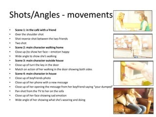 Shots/Angles - movements
•   Scene 1: in the café with a friend
•   Over the shoulder shot
•   Shot reverse shot between the two friends
•   Two shot
•   Scene 2: main character walking home
•   Close up (to show her face – emotion happy
•   Wide angle to show she’s walking
•   Scene 3: main character outside house
•   Close up of turn the key in the door
•   Match on action of her walking in the door showing both sides
•   Scene 4: main character in house
•   Close up of boyfriends photo
•   Close up of her phone with a new message
•   Close up of her opening the message from her boyfriend saying “your dumped”
•   Pan shot from the TV to her on the sofa
•   Close up of her face showing sad emotion
•   Wide angle of her showing what she’s wearing and doing
 
