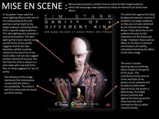 MISE EN SCENE :Most posters present a certain mise en scene to their target audience
which will encourage new audiences to show an interest in an artists new
album.
In my poster I have used the
same lighting effect as the rest of
my media products this will
portray a certain style to my
target audience, attracting those
from a specific target audience.
This dark lighting also connotes a
cynical atmosphere. The dark
lighting that I have used to cover
up half of the artists profile
suggests that he has two
identities, whi9ch could be
relative to the story line of my
music video, but can also suggest
another identity of insanity. The
fact that the artist is shown in a
calm state with only half of his
face on show suggests his loss of
sanity.
The white font against the black
background presents a sense of
simplicity my target audience,
so they are not over whelmed
by the intense main image
below. I have done this so the
audience focuses on the
importance of the artists star
image. However I have used an
effect on the font, to present
connotations of insanity,
ultimately mimicking the effect
of the main image.
The artist is shown
wearing way out clothing,
which relates to the genre
of his music. This
contributes to the mise en
scene and style of my
poster, as my audience will
be able to justify what
type of music the poster is
advertising. The bright
colours contrast well
against the black ground to
show how the artist
contrasts to the so called
‘normal society’.
The darkness of the image
represents the monotonous
society that the artist is
surrounded by. The artist is
well lit to show how he stands
out from society.
 