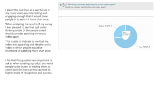 I asked this question as a way to see if
my music video was interesting and
engaging enough that it would draw
people in to watch it more than once.
When analysing the results of my survey
I was pleased to see that just under
three quarters of the people asked
would consider watching my music
video again.
This is able to indicate to me that my
video was appealing and likeable and a
video in which people would be
interested in watching more than once.
I fee that this question was important to
ask as when creating a product you want
people to be drawn in leading them to
come back for more as this can lead to
higher levels of recognition and success.
 
