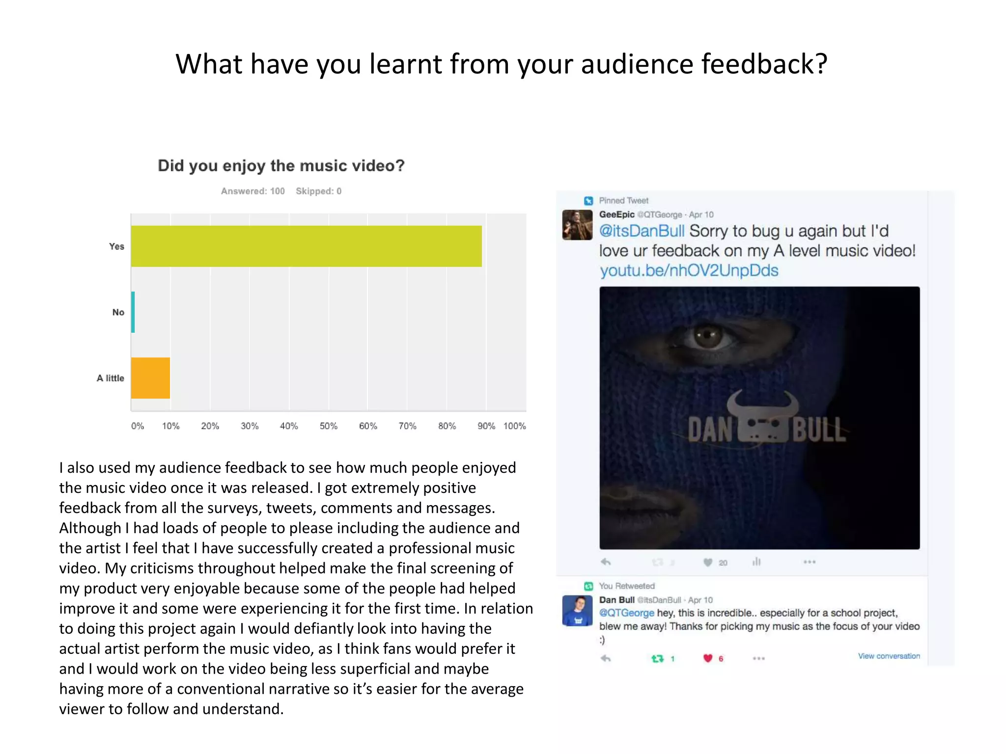 What have you learnt from your audience feedback?
I also used my audience feedback to see how much people enjoyed
the music video once it was released. I got extremely positive
feedback from all the surveys, tweets, comments and messages.
Although I had loads of people to please including the audience and
the artist I feel that I have successfully created a professional music
video. My criticisms throughout helped make the final screening of
my product very enjoyable because some of the people had helped
improve it and some were experiencing it for the first time. In relation
to doing this project again I would defiantly look into having the
actual artist perform the music video, as I think fans would prefer it
and I would work on the video being less superficial and maybe
having more of a conventional narrative so it’s easier for the average
viewer to follow and understand.
 