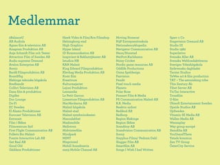 Medlemmar
2BalanceU                       Hawk Video & Film/Ace Filmshop   Moving Stonecat                Sparr o Co
AB Audiola                      Helsingborg stad                 N3P Entreprenörsskola          Stagevision Oresund AB
Agnes ﬁlm & television AB       High Graphics                    Nationalencyklopedin           Studio III
Anagram Produktion AB           Hyper Island                     Navigator Communication AB     Studio 1982
Anja Schmidt Film och Teater    ID Kommunikation AB              Neon/Hunstad                   Superlativo
Attraction Film of Sweden AB    Inspicient & Reklamtjänster AB   NetPort.Karlshamn              Svenska Aller AB
Audio supreme Öresund           Istudios HB                      Noisy Cricket                  Svenska Webbredaktörerna
Avalon Enterprise AB            KAN Malmö                        Nordic game resources AB       Sveriges Yrkeshögskola
Awnic                           King Edward Filmproduktion       Oddlife Productions            Sydsvenska dagbladet
Bardå Filmproduktion AB         Klevhag Media Produktion AB      Ozma Speldesign                Tarsier Studios
BoostHbg                        Kostr ﬁlm                        Paxvision                      TeWee art & ﬁlm production
Blekinge tekniska högskola      Kreativum                        Pendit                         TAT – The astonishing tribe
Bredband2                       Kulturmejeriet                   Pixel touch media              This Zentury Ab
Colibri Television AB           Lejoni Produktion                Planeto                        Tibet Server AB
Dana ﬁlm & produktion           Lennandia                        Polar Rose                     TicTac Interactive
Digifex                         Le Petit Garcon                  Ponnert Film & Media           Trossﬁlm
Doc Lounge                      Limestone Filmproduktion AB      PS Communication Malmö AB      U-ﬁlm
Do-Fi                           MacMeckarna AB                   R.R. Media                     Ubisoft Entertainment Sweden
EC Sweden                       Malmö högskola                   Reaktor sydost                 Upside Studios AB
El Alamo Produktioner           Malmö stad                       Redikod AB                     UpSweden
Eurocast Television AB          Malmö symfoniorkester            Redloop                        Vitamin SE Media AB
Extransit                       Manuslabbet                      Region Blekinge                Wallen Media AB
Film i Skåne                    Mashmobile                       Region Skåne                   Wannaplay
Filmcentrum Syd                 Mellotron                        Scanditoy AB                   Way group europé
First Flight Communication AB   Midvinterﬁlm                     Scandvision Communication AB   Xenoﬁlia AB
Folkets Bio Malmö               Mindpark                         Scen3                          YouUsandThem
Fuente Interactive Lab AB       MINT                             Sisyphus Films/ Pedram Dahl    Ystads kommun
Get Real AB                     Misprinted                       Slugger Film AB                Zen TV Group
Good Old                        Mobill Scandinavia               Smartﬁlm AB                    ÖsterCity Service
Gäddans Produktioner            mm3 Mobile Channel AB            Songs I Wish I had Written
 