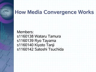 How Media Convergence Works


Members:
s1160138 Wataru Tamura
s1160139 Ryo Tayama
s1160140 Kiyoto Tanji
s1160142 Satoshi Tsuchida
 