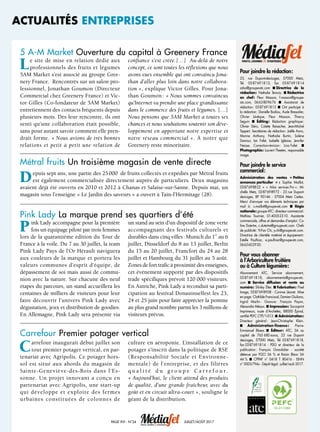 ActuAlités entreprises
5 A-M Market ouverture du capital à greenery France
Le site de mise en relation dédié aux
professionnels des fruits et légumes
5AM Market s’est associé au groupe Gree-
nery France. Rencontrés sur un salon pro-
fessionnel, Jonathan Goumon (Directeur
Commercial chez Greenery France) et Vic-
tor Gilles (Co-fondateur de 5AM Market)
entretiennent des contacts fréquents depuis
plusieurs mois. Dès leur rencontre, ils ont
senti qu’une collaboration était possible,
sans pour autant savoir comment elle pren-
drait forme. « Nous avions de très bonnes
relations et petit à petit une relation de
confiance s’est créée.[…] Au-delà de notre
concept, ce sont toutes les réflexions que nous
avons eues ensemble qui ont convaincu Jona-
than d’aller plus loin dans notre collabora-
tion », explique Victor Gilles. Pour Jona-
than Goumon: « Nous sommes convaincus
qu’Internet va prendre une place grandissante
dans le commerce des fruits et légumes. […]
Nous pensons que 5AM Market a toutes ses
chances et nous souhaitons soutenir son déve-
loppement en apportant notre expertise et
notre réseau commercial ». à noter que
Greenery reste minoritaire.
Métral fruits un troisième magasin de vente directe
Depuis sept ans, une partie des 25000  de fruits collectés et expédiés par Métral fruits
est également commercialisée directement auprès de particuliers. Deux magasins
avaient déjà été ouverts en 2010 et 2012 à Chanas et Salaise-sur-Sanne. Depuis mai, un
magasin sous l’enseigne « Le Jardin des saveurs » a ouvert à Tain-l’Hermitage (28).
Pink Lady La marque prend ses quartiers d’été
Pink Lady accompagne pour la première
fois un équipage piloté par trois femmes
lors de la quarantième édition du Tour de
France à la voile. Du 7 au 30 juillet, la team
Pink Lady Pays de l’Or Hérault naviguera
aux couleurs de la marque et portera les
valeurs communes d’esprit d’équipe, de
dépassement de soi mais aussi de commu-
nion avec la nature. Sur chacune des neuf
étapes du parcours, un stand accueillera les
centaines de milliers de visiteurs pour leur
faire découvrir l’univers Pink Lady avec
dégustation, jeux et distribution de goodies.
En Allemagne, Pink Lady sera présente via
un stand au sein d’un dispositif de zone verte
accompagnant des festivals culturels et
durables dans cinq villes: Munich du 1
er
au 6
juillet, Düsseldorf du 8 au 13 juillet, Berlin
du 15 au 20 juillet, Francfort du 24 au 28
juillet et Hambourg du 31 juillet au 5 août.
Zones de fort trafic à proximité des enseignes,
cet événement supporté par des dispositifs
trade spécifiques prévoit 120 000 visiteurs.
En Autriche, Pink Lady a reconduit sa parti-
cipation au festival Donauinselfest les 23,
24 et 25 juin pour faire apprécier la pomme
au plus grand nombre parmi les 3 millions de
visiteurs prévus.
PAge Xvi - n°24 juiLLet/Août 2017
Pour joindre la rédaction:
23, rue Dupont-des-Loges, 57000 Metz,
tél. 0387691813, fax 0387691814
arbo@groupe-atc.com ■ directrice de la
rédaction: Nathalie ternois. ■ rédactrice
en chef: Fleur Masson, f.masson@groupe-
atc.com, 0663809676 ■ Assistanat de
rédaction: 0387691813 ■ Ont participé à
la rédaction: Danielle Bodiou, Aude Bressolier,
Olivier Lévêque, Fleur Masson, thierry
Seguin ■ éditing: rédaction graphique:
Olivier Déro, colette reisacher, jean-Michel
tappert. Secrétaires de rédaction: joëlle Anno,
Marine Anthony, Nathalie Burtin, Solène
Damour, Ian Fafet, Isabelle Iglésias, jennifer
Neisse. correction-révision: Lina Fafet. ■
photographie: Laurent theeten, responsable
image.
Pour joindre le service
commercial:
Administration des ventes « petites
annonces particulier » : Sophie Maillot,
0387698822 + «  Arbo services Pro »: Mi-
chelle Metz, 0387698972 - 23 rue Dupont-
des-Loges, BP 90146 - 57004 Metz cedex.
Merci d’envoyer vos éléments techniques par
mail à: s.maillot@groupe-atc.com ■ régie
nationale: groupe Atc: directeur commercial:
Mathieu tournier, 0140052310. Assistante
commerciale, offres et demandes d’emploi: co-
line Dutertre, c.dutertre@groupe-atc.com. chefs
de publicité: Yi-Fan chi, y.chi@groupe-atc.com.
Directrice de clientèle matériel et équipement:
Estelle Paulhiac, e.paulhiac@groupe-atc.com,
0665602930.
Pour vous abonner
à l’Arboriculture fruitière
ou à Culture légumière:
Abonnement Atc, Service abonnement,
0387691818, abonnements@groupe-atc.
com ■ service diffusion et vente au
numéro: Shirley Elter. ■ fabrication: Pixel
Image, 0387698908 - corinne Léonet. Mise
en page: clothilde Francizod, Damien Giuliano,
Ingrid Marlin - Gravure: François Payon,
Alexandre Méaux. ■ impression: Socosprint
Imprimeurs, route d’Archettes, 88000 Épinal,
certifié PEFc ctP/1-013. ■ Administration:
Directeur général: jean-christophe Klein.
■ Administration-finance: Pierre-
Emmanuel Blaess ■ éditeur: Atc, SA au
capital de 765 680 euros, 23 rue Dupont-
des-Loges, 57000 Metz, tél. 0387691818,
fax 0387691814 - PDG et directeur de la
publication: François Grandidier - société
détenue par FGcI 56 % et raisin Blanc SA
44 % ■ cPPAP n° 0418 t 80416 - ISNN
n° 0003-794x - Dépôt légal: juillet/août 2017.
Carrefour Premier potager vertical
Carrefour inaugurait début juillet son
tout premier potager vertical, en par-
tenariat avec Agripolis. Ce potager hors-
sol est situé aux abords du magasin de
Sainte-Geneviève-des-Bois dans l’Es-
sonne. Un projet innovant a conçu en
partenariat avec Agripolis, une start-up
qui développe et exploite des fermes
urbaines constituées de colonnes de
culture en aéroponie. L’installation de ce
potager s’inscrit dans la politique de RSE
(Responsabilité Sociale et Environne-
mentale) de l’entreprise, et des filières
q u a l i t é d u g r o u p e C a r r e f o u r.
« Aujourd’hui, le client attend des produits
de qualité, d’une grande fraîcheur, avec du
goût et en circuit ultra-court », souligne le
géant de la distribution.
 