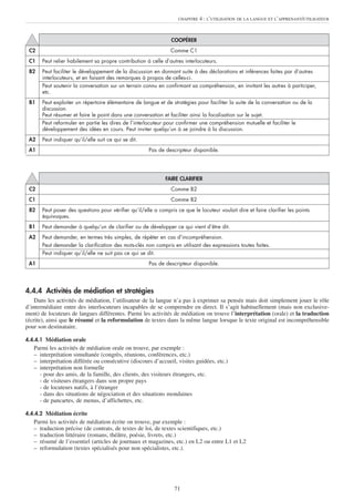 71
4.4.4 Activités de médiation et stratégies
Dans les activités de médiation, l’utilisateur de la langue n’a pas à exprimer sa pensée mais doit simplement jouer le rôle
d’intermédiaire entre des interlocuteurs incapables de se comprendre en direct. Il s’agit habituellement (mais non exclusive-
ment) de locuteurs de langues différentes. Parmi les activités de médiation on trouve l’interprétation (orale) et la traduction
(écrite), ainsi que le résumé et la reformulation de textes dans la même langue lorsque le texte original est incompréhensible
pour son destinataire.
4.4.4.1 Médiation orale
Parmi les activités de médiation orale on trouve, par exemple :
– interprétation simultanée (congrès, réunions, conférences, etc.)
– interprétation différée ou consécutive (discours d’accueil, visites guidées, etc.)
– interprétation non formelle
- pour des amis, de la famille, des clients, des visiteurs étrangers, etc.
- de visiteurs étrangers dans son propre pays
- de locuteurs natifs, à l’étranger
- dans des situations de négociation et des situations mondaines
- de pancartes, de menus, d’affichettes, etc.
4.4.4.2 Médiation écrite
Parmi les activités de médiation écrite on trouve, par exemple :
– traduction précise (de contrats, de textes de loi, de textes scientifiques, etc.)
– traduction littéraire (romans, théâtre, poésie, livrets, etc.)
– résumé de l’essentiel (articles de journaux et magazines, etc.) en L2 ou entre L1 et L2
– reformulation (textes spécialisés pour non spécialistes, etc.).
CHAPITRE 4 : L’UTILISATION DE LA LANGUE ET L’APPRENANT/UTILISATEUR
COOPÉRER
C2 Comme C1
C1 Peut relier habilement sa propre contribution à celle d’autres interlocuteurs.
B2 Peut faciliter le développement de la discussion en donnant suite à des déclarations et inférences faites par d’autres
interlocuteurs, et en faisant des remarques à propos de celles-ci.
Peut soutenir la conversation sur un terrain connu en confirmant sa compréhension, en invitant les autres à participer,
etc.
B1 Peut exploiter un répertoire élémentaire de langue et de stratégies pour faciliter la suite de la conversation ou de la
discussion.
Peut résumer et faire le point dans une conversation et faciliter ainsi la focalisation sur le sujet.
Peut reformuler en partie les dires de l’interlocuteur pour confirmer une compréhension mutuelle et faciliter le
développement des idées en cours. Peut inviter quelqu’un à se joindre à la discussion.
A2 Peut indiquer qu’il/elle suit ce qui se dit.
A1 Pas de descripteur disponible.
FAIRE CLARIFIER
C2 Comme B2
C1 Comme B2
B2 Peut poser des questions pour vérifier qu’il/elle a compris ce que le locuteur voulait dire et faire clarifier les points
équivoques.
B1 Peut demander à quelqu’un de clarifier ou de développer ce qui vient d’être dit.
A2 Peut demander, en termes très simples, de répéter en cas d’incompréhension.
Peut demander la clarification des mots-clés non compris en utilisant des expressions toutes faites.
Peut indiquer qu’il/elle ne suit pas ce qui se dit.
A1 Pas de descripteur disponible.
 