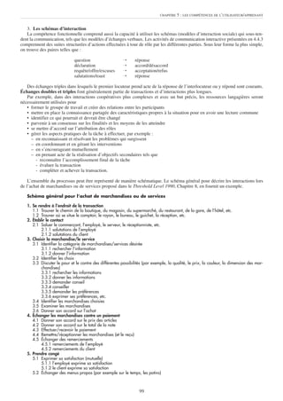 3. Les schémas d’interaction
La compétence fonctionnelle comprend aussi la capacité à utiliser les schémas (modèles d’interaction sociale) qui sous-ten-
dent la communication, tels que les modèles d’échanges verbaux. Les activités de communication interactive présentées en 4.4.3
comprennent des suites structurées d’actions effectuées à tour de rôle par les différentes parties. Sous leur forme la plus simple,
on trouve des paires telles que :
question ¡ réponse
déclaration ¡ accord/désaccord
requête/offre/excuses ¡ acceptation/refus
salutations/toast ¡ réponse
Des échanges triples dans lesquels le premier locuteur prend acte de la réponse de l’interlocuteur ou y répond sont courants.
Échanges doubles et triples font généralement partie de transactions et d’interactions plus longues.
Par exemple, dans des interactions coopératives plus complexes et avec un but précis, les ressources langagières seront
nécessairement utilisées pour
• former le groupe de travail et créer des relations entre les participants
• mettre en place la connaissance partagée des caractéristiques propres à la situation pour en avoir une lecture commune
• identifier ce qui pourrait et devrait être changé
• parvenir à un consensus sur les finalités et les moyens de les atteindre
• se mettre d’accord sur l’attribution des rôles
• gérer les aspects pratiques de la tâche à effectuer, par exemple :
– en reconnaissant et résolvant les problèmes qui surgissent
– en coordonnant et en gérant les interventions
– en s’encourageant mutuellement
– en prenant acte de la réalisation d’objectifs secondaires tels que
- reconnaître l’accomplissement final de la tâche
- évaluer la transaction
- compléter et achever la transaction.
L’ensemble du processus peut être représenté de manière schématique. Le schéma général pour décrire les interactions lors
de l’achat de marchandises ou de services proposé dans le Threshold Level 1990, Chapitre 8, en fournit un exemple.
Schéma général pour l’achat de marchandises ou de services
1. Se rendre à l’endroit de la transaction
1.1 Trouver le chemin de la boutique, du magasin, du supermarché, du restaurant, de la gare, de l’hôtel, etc.
1.2 Trouver où se situe le comptoir, le rayon, le bureau, le guichet, la réception, etc.
2. Établir le contact
2.1 Saluer le commerçant, l’employé, le serveur, le réceptionniste, etc.
2.1.1 salutations de l’employé
2.1.2 salutations du client
3. Choisir la marchandise/le service
3.1 Identifier la catégorie de marchandises/services désirée
3.1.1 rechercher l’information
3.1.2 donner l’information
3.2 Identifier les choix
3.3 Discuter le pour et le contre des différentes possibilités (par exemple, la qualité, le prix, la couleur, la dimension des mar-
chandises)
3.3.1 rechercher les informations
3.3.2 donner les informations
3.3.3 demander conseil
3.3.4 conseiller
3.3.5 demander les préférences
3.3.6 exprimer ses préférences, etc.
3.4 Identifier les marchandises choisies
3.5 Examiner les marchandises
3.6 Donner son accord sur l’achat
4. Échanger les marchandises contre un paiement
4.1 Donner son accord sur le prix des articles
4.2 Donner son accord sur le total de la note
4.3 Effectuer/recevoir le paiement
4.4 Remettre/réceptionner les marchandises (et le reçu)
4.5 Échanger des remerciements
4.5.1 remerciements de l’employé
4.5.2 remerciements du client
5. Prendre congé
5.1 Exprimer sa satisfaction (mutuelle)
5.1.1 l’employé exprime sa satisfaction
5.1.2 le client exprime sa satisfaction
5.2 Échanger des menus propos (par exemple sur le temps, les potins)
CHAPITRE 5 : LES COMPÉTENCES DE L’UTILISATEUR/APPRENANT
99
 