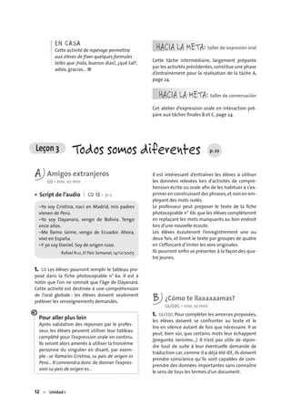 12 – Unidad 1
EN CASA
Cette activité de repérage permettra
aux élèves de fixer quelques formules
telles que ¡hola, buenos días!, ¿qué tal?,
adiós, gracias... ■
HACIA LA META: taller de expresión oral
Cette tâche intermédiaire, largement préparée
par les activités précédentes, constitue une phase
d’entraînement pour la réalisation de la tâche A,
page 24.
HACIA LA META: taller de conversación
Cet atelier d’expression orale en interaction pré-
pare aux tâches ﬁnales B et C, page 24.
Leçon 3 Todos somos diferentes p. 22
A Amigos extranjeros
CO • env. 10 min
Script de l’audio I CD 15 • 31 s
–Yo soy Cristina, nací en Madrid, mis padres
vienen de Perú.
–Yo soy Dayanara, vengo de Bolivia. Tengo
once años.
–Me llamo Jaime, vengo de Ecuador. Ahora,
vivo en España.
–Y yo soy Daniel. Soy de origen ruso.
Rafael RUIZ, El País Semanal, 14/12/2007.
1. CO Les élèves pourront remplir le tableau pro-
posé dans la fiche photocopiable n° 6a. Il est à
noter que l’on ne connaît que l’âge de Dayanara.
Cette activité est destinée à une compréhension
de l’oral globale : les élèves doivent seulement
prélever les renseignements demandés.
Pour aller plus loin
Après validation des réponses par le profes-
seur, les élèves peuvent utiliser leur tableau
complété pour l’expression orale en continu.
Ils seront alors amenés à utiliser la troisième
personne du singulier en disant, par exem-
ple : se llama/es Cristina, su país de origen es
Perú… Il conviendra donc de donner l’expres-
sion su país de origen es…
•
Il est intéressant d’entraîner les élèves à utiliser
les données relevées lors d’activités de compré-
hension écrite ou orale aﬁn de les habituer à s’ex-
primer en construisant des phrases,et non en em-
ployant des mots isolés.
Le professeur peut proposer le texte de la ﬁche
photocopiable n° 6b. que les élèves compléteront
en replaçant les mots manquants au bon endroit
lors d’une nouvelle écoute.
Les élèves écouteront l’enregistrement une ou
deux fois, et liront le texte par groupes de quatre
en s’efforçant d’imiter les voix originales.
Ils pourront enﬁn se présenter à la façon des qua-
tre jeunes.
B ¿Cómo te llaaaaaamas?
CE/EOC • env. 10 min
1. CE/EOC Pour compléter les amorces proposées,
les élèves doivent se confronter au texte et le
lire en silence autant de fois que nécessaire. Il se
peut, bien sûr, que certains mots leur échappent
(preguntó, rarísimo…). Il n’est pas utile de répon-
dre tout de suite à leur éventuelle demande de
traduction car, comme il a déjà été dit, ils doivent
prendre conscience qu’ils sont capables de com-
prendre des données importantes sans connaître
le sens de tous les termes d’un document.
 