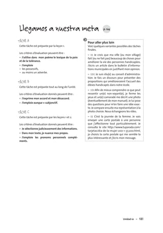 Unidad 10 – 137
TÂCHE A
Cette tâche est préparée par la leçon 1.
Les critères d’évaluation peuvent être :
J’utilise dans mon poème le lexique de la paix
et de la tolérance.
J’emploie
– les possessifs,
– au moins un adverbe.
TÂCHE B
Cette tâche est préparée tout au long de l’unité.
Les critères d’évaluation donnés peuvent être :
J’exprime mon accord et mon désaccord.
J’emploie aunque + subjonctif.
TÂCHE C
Cette tâche est préparée par les leçons 1 et 2.
Les critères d’évaluation donnés peuvent être :
Je sélectionne judicieusement des informations.
Dans mon texte, je nuance mes propos.
J’emploie les pronoms personnels complé-
ments.
•
•
•
•
•
•
•
Llegamos a nuestra meta p. 124
Pour aller plus loin
Voici quelques variantes possibles des tâches
ﬁnales.
– EE Je crois que ma ville (ou mon village)
fait (ou ne fait pas) beaucoup de choses pour
améliorer la vie des personnes handicapées.
J’écris un article dans le bulletin d’informa-
tions municipales en justiﬁant mon opinion.
– EOC Je suis élu(e) au conseil d’administra-
tion. Je fais un discours pour présenter des
propositions qui amélioreraient l’accueil des
élèves handicapés dans notre école.
– EOI Aﬁn de mieux comprendre ce que peut
ressentir un(e) non-voyant(e), je ferme les
yeux et un(e) camarade me décrit une photo
(éventuellement de mon manuel). Je lui pose
des questions pour m’en faire une idée exac-
te.Je compare ensuite ma représentation à la
photo choisie. Nous échangeons les rôles.
– EE C’est la journée de la femme. Je vais
envoyer une carte postale à une personne
que j’affectionne tout particulièrement. Je
consulte le site http://www.tuparada.com/
tarjetas/dia-de-la-mujer-200-1-37,200.html,
je choisis la carte postale qui me semble la
plus intéressante et j’écris mon message.
 