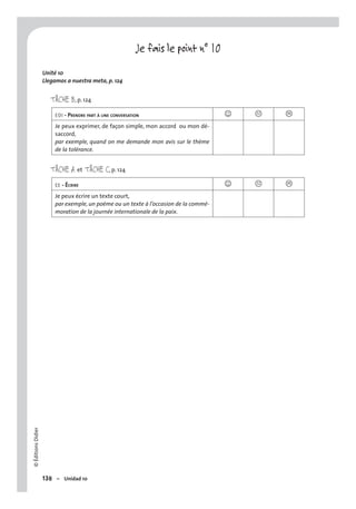 ©ÉditionsDidier
138 – Unidad 10
Je fais le point n° 10
Unité 10
Llegamos a nuestra meta, p. 124
TÂCHE B, p. 124
EOI - PRENDRE PART À UNE CONVERSATION J K L
Je peux exprimer, de façon simple, mon accord ou mon dé-
saccord,
par exemple, quand on me demande mon avis sur le thème
de la tolérance.
TÂCHE A et TÂCHE C, p. 124
EE - ÉCRIRE J K L
Je peux écrire un texte court,
par exemple, un poème ou un texte à l’occasion de la commé-
moration de la journée internationale de la paix.
 