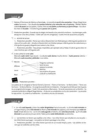 171
1) Paloma: El hermano de Paloma se llama Luis. – Le encanta ir con él a los conciertos. / Diego: Diego tiene
cuatro hermanos. – Sus abuelos le cuentan historias y los miércoles van a la piscina. / Malika: Malika
suele ir de paseo con sus padres./ Carlos:Vive con sus padres,su hermana y su perro Chispa.– Sus abue-
los viven en Ecuador. – A Carlos le gusta pasear con su perro.
2) Productions possibles : Cuando voy al colegio,me levanto a las siete de la mañana.– Los domingos suelo
desayunar a las diez y media. – Suelo salir con mis amigos(as). – Suelo irme de vacaciones a España.
3) a. Activité de lecture.
b. Productions possibles : Pienso que Lola se llevaría bien con Pedro porque a ella le gusta quedarse en
casa y él no suele salir. – Amalia se llevaría bien con Esteban porque a ella le gustan los seductores y a
él le gusta ser guapo y elegante para seducir a las chicas.
c. Productions possibles : Hay parejas imposibles, por ejemplo Lola y Felipe. A Lola le gusta estar en
casa mientras que a él le gusta salir.
4) Je dois utiliser le verbe soler.
Manuela suele vestir traje oscuro. – La abuela suele darnos mucho dinero. – Suele ponerse colonia. –
Manuela suele escuchar y defender a sus nietos.
5) Merche ❍
❍ friega los cacharros.
❍ barre la casa.
Alfonso ❍
❍ prepara la comida.
❍ plancha.
Laura ❍
❍ saca el perro de paseo.
❍ cuida de su habitación.
Rául ❍
Productions possibles :
Los padres de mi amigo(a) se llaman Daniel y Jasmine. – Tiene un hermano. – Se llama Johan. – Tiene una
hermana.– Se llama Marisa.– Su asignatura preferida es el deporte.– El programa de tele que más le gusta
es un programa de mangas. – Suele ir de vacaciones a Marruecos. – Se va de vacaciones con su familia. – Su
cantante preferido es Miguel Ángel Muñoz. – El día de su cumpleaños es el 22 de noviembre. – Le encanta
la ropa ancha. – Sí, ordena su habitación. – La ordena una vez a la semana.
1) 1. Un niño está leyendo y otros tres están dirigiéndose hacia la escuela. – 2. El niño está viviendo en
un lugar limpio y sano. Está oliendo las flores y está mirando dos pájaros y una mariposa que están vo-
lando al lado del arco iris. – 7. Un niño está jugando al boliche, otro está descansando. – 9. El niño está
diciendo lo que piensa y lo que siente.Todos juntos están defendiendo sus derechos.
2) a. Los hombres no tienen que explotar a los niños. – Los niños tienen que estudiar en una escuela. –
Los niños tienen que jugar. – Los padres no tienen que pegar a los niños.
b. Productions possibles : Los niños tienen que vivir en un mundo limpio y sano. – Los adultos no tie-
nen que ser violentos con los niños.
 