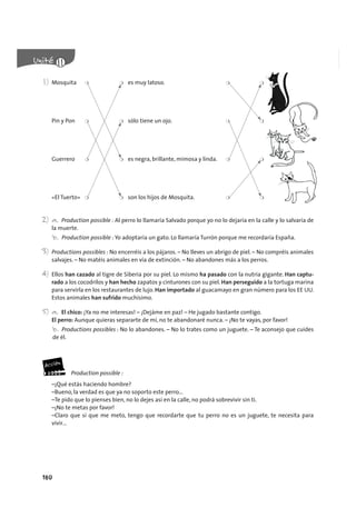 180
1) Mosquita ❍ ❍ es muy latoso. ❍ ❍
Pin y Pon ❍ ❍ sólo tiene un ojo. ❍ ❍
Guerrero ❍ ❍ es negra, brillante, mimosa y linda. ❍ ❍
«El Tuerto» ❍ ❍ son los hijos de Mosquita. ❍ ❍
2) a. Production possible : Al perro lo llamaría Salvado porque yo no lo dejaría en la calle y lo salvaría de
la muerte.
b. Production possible : Yo adoptaría un gato. Lo llamaría Turrón porque me recordaría España.
3) Productions possibles : No encerréis a los pájaros. – No lleves un abrigo de piel. – No compréis animales
salvajes. – No matéis animales en vía de extinción. – No abandones más a los perros.
4) Ellos han cazado al tigre de Siberia por su piel. Lo mismo ha pasado con la nutria gigante. Han captu-
rado a los cocodrilos y han hecho zapatos y cinturones con su piel. Han perseguido a la tortuga marina
para servirla en los restaurantes de lujo. Han importado al guacamayo en gran número para los EE UU.
Estos animales han sufrido muchísimo.
5) a. El chico: ¡Ya no me interesas! – ¡Dejáme en paz! – He jugado bastante contigo.
El perro: Aunque quieras separarte de mí, no te abandonaré nunca. – ¡No te vayas, por favor!
b. Productions possibles : No lo abandones. – No lo trates como un juguete. – Te aconsejo que cuides
de él.
Production possible :
–¡Qué estás haciendo hombre?
–Bueno, la verdad es que ya no soporto este perro…
–Te pido que lo pienses bien, no lo dejes así en la calle, no podrá sobrevivir sin ti.
–¡No te metas por favor!
–Claro que sí que me meto, tengo que recordarte que tu perro no es un juguete, te necesita para
vivir…
 