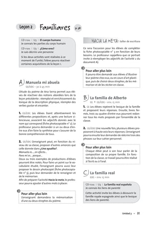 Unidad 3 – 37
CD-rom I U3 I El cuerpo humano
Je connais les parties du corps humain
CD-rom I U3 I ¿Cómo eres?
Je sais décrire une personne
Si les deux activités sont réalisées à ce
moment de l’unité, l’elève pourra réactiver
certaines acquisitions de la leçon 1.
A Manuela mi abuela
CE/EOC • 30 à 45 min
L’étude du poème de Ana Serna permet aux élè-
ves de réactiver des notions abordées lors de la
leçon précédente : réemploi et enrichissement du
lexique de la description physique, réemploi des
verbes gustar et encantar.
1. CE/EOC Les élèves lisent attentivement les
différentes propositions et, après une lecture si-
lencieuse, associent les adjectifs donnés avec le
nom qui correspond (fiche photocopiable n° 2). Le
professeur pourra demander à un ou deux d’en-
tre eux d’en faire la synthèse pour s’assurer de la
bonne compréhension de tous.
2. CE/EOC L’enseignant peut, en fonction du ni-
veau de sa classe, proposer d’autres amorces que
celle donnée dans ¿Una ayudita?.
Manuela es..., en efecto…
Para mí es... porque…
Deux ou trois exemples de productions d’élèves
pourront être notés. Pour faire un point sur le vo-
cabulaire étudié, l’enseignant pourra aussi leur
proposer le dessin photocopié (ﬁche photocopia-
ble n° 3), puis leur demander de le renseigner et
de le mémoriser.
Aﬁn de préparer l’activité Hacia la meta, le profes-
seur pourra ajouter d’autres mots à placer.
Pour aller plus loin
L’enseignant demandera la mémorisation
d’une ou deux strophes du poème.
HACIA LA META: taller de escritura
Ce sera l’occasion pour les élèves de compléter
la ﬁche photocopiable n° 3 en fonction de leurs
besoins. Le professeur rappellera que ce portrait
invite à réemployer les adjectifs de l’activité 2 du
document A).
Pour aller plus loin
Il pourra être demandé aux élèves d’illustrer
leur poème chez eux,ou en cours d’art plasti-
que, puis de choisir deux strophes, de les mé-
moriser et de les réciter en classe.
B La familia de Alberto
CE + CE/EOC • env. 15 min
1. CE Les élèves repèrent le lexique de la famille
et proposent leurs réponses. Ensuite, livres fer-
més, trois ou quatre d’entre eux pourront redon-
ner tous les mots proposés par l’ensemble de la
classe.
2. CE/EOC Une nouvelle fois, plusieurs élèves pro-
poseront à haute voix leurs réponses.L’enseignant
pourra ensuite leur demander de réécrire trois des
phrases sur leur cahier personnel.
Pour aller plus loin
Chaque élève peut à son tour parler de la
composition de sa propre famille. En fonc-
tion de la classe, ce travail pourra être réalisé
à l’écrit ou à l’oral.
C La familia real
EOC • env. 15 min
CD-rom I U3 I La familia real española
Je connais les liens de parenté
Cette activité invite les élèves à découvrir la
famille royale espagnole ainsi que le lexique
des liens de parenté.
Leçon 2 Familiares p. 38
 